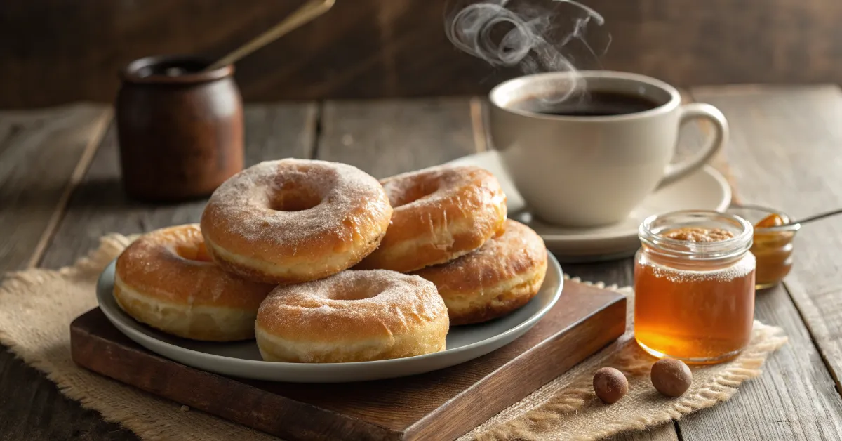 Golden-brown baked doughnuts on a wooden table with coffee and honey.