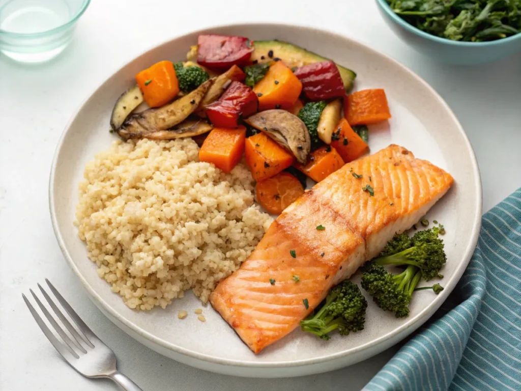 A healthy meal with cooked salmon, roasted vegetables, and quinoa on a ceramic plate