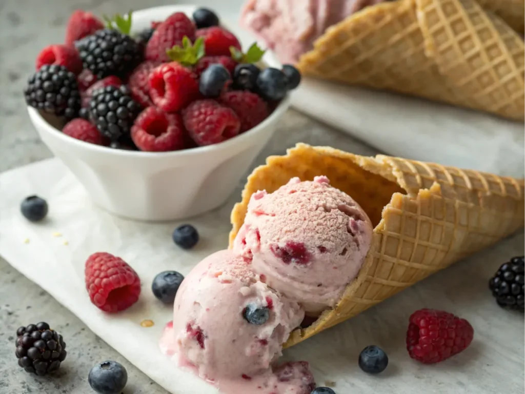 Berry-flavored dessert in a waffle cone with fresh berries.