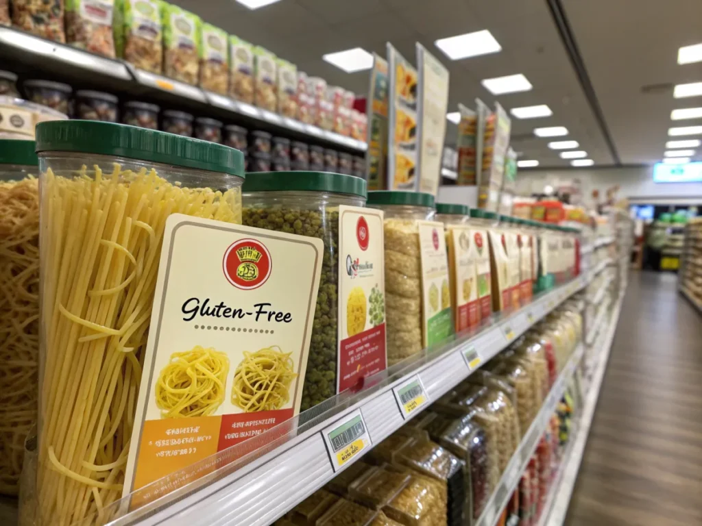 Different brands of gluten-free noodles on a grocery store shelf.