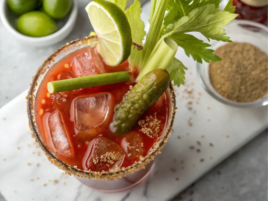 A Bloody Mary garnished with celery, lime, and a pickle spear.