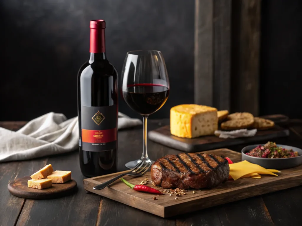 A Cabernet Sauvignon bottle and glass paired with grilled steak and aged cheddar, showcasing its bold profile.