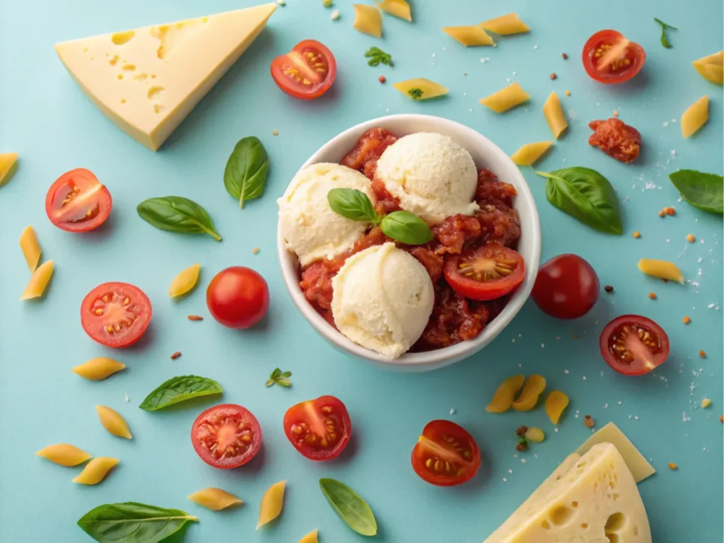 Bolognese ice cream paired with pasta ingredients.