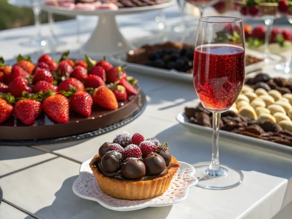 A glass of Brachetto d’Acqui with chocolate-covered strawberries and a fruit tart on a dessert table.