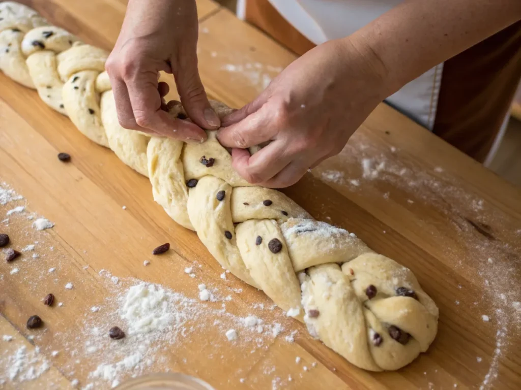 Hands braiding strands of brioche dough filled with chocolate chips on a wooden surface.