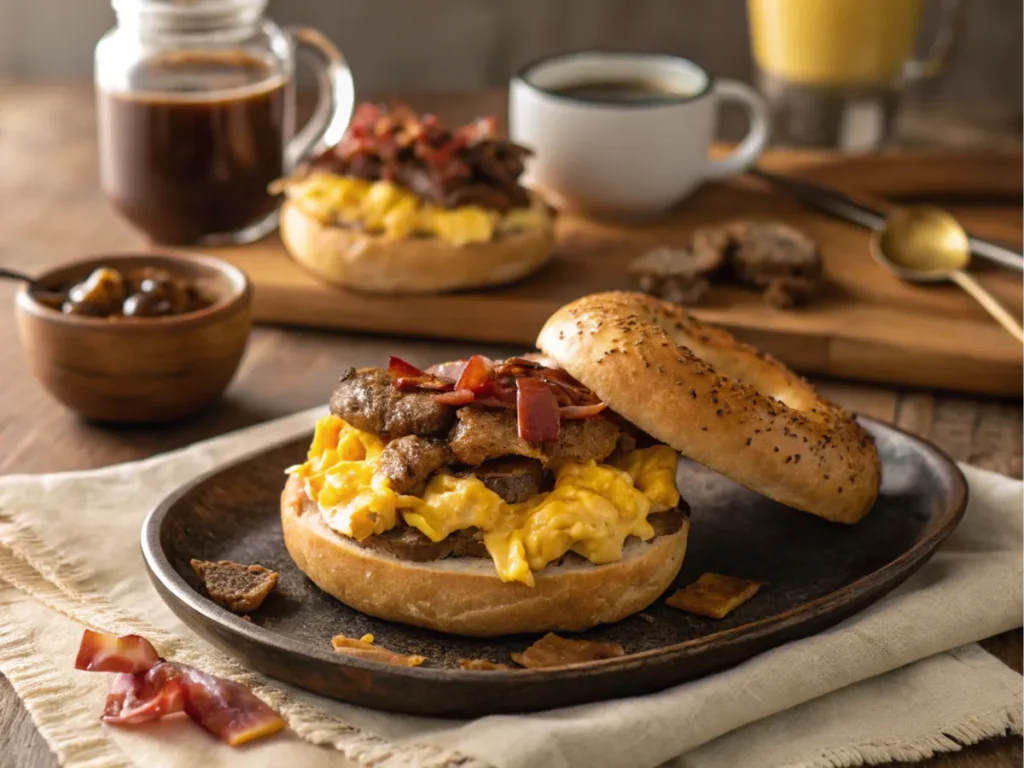 Breakfast-style sandwich with eggs, bacon, and cheese on a bagel.