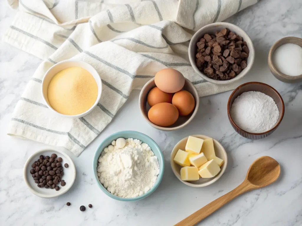 An overhead view of flour, sugar, eggs, butter, yeast, and chocolate chips arranged on a marble countertop.