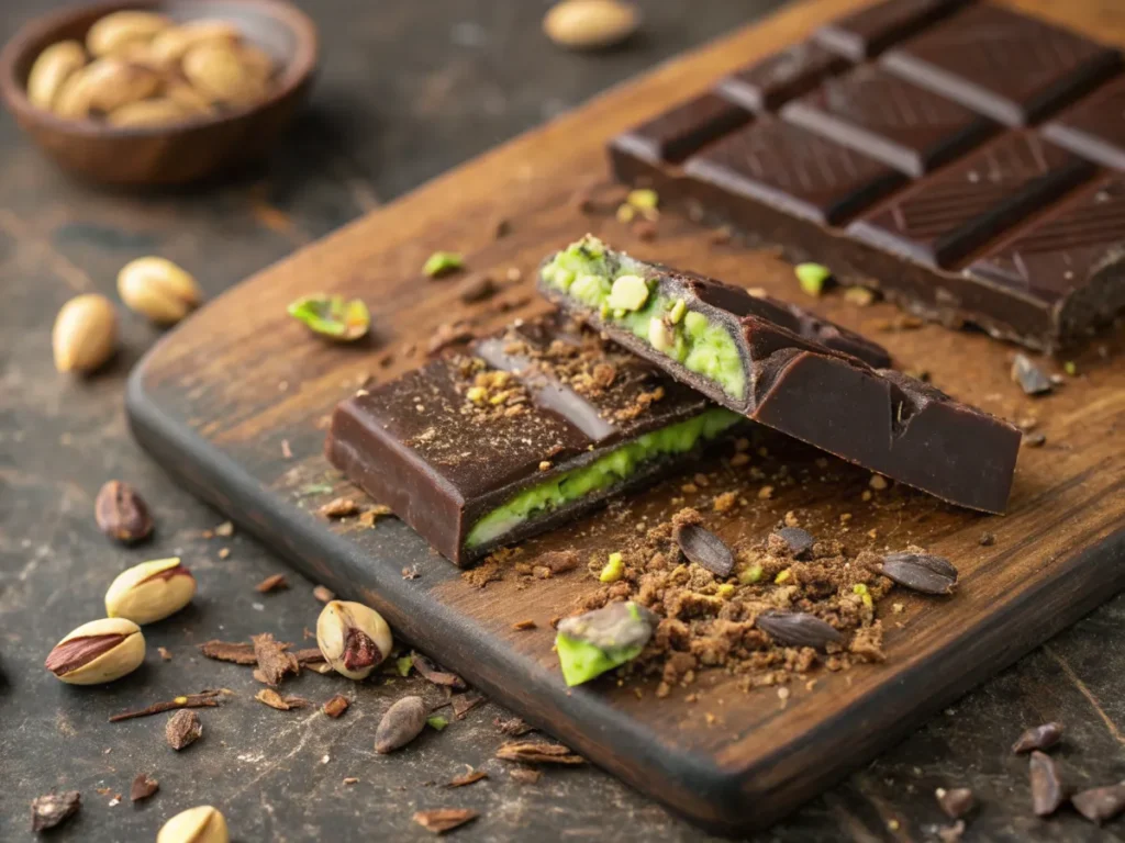 Broken chocolate bar with green pistachio filling dripping out, placed on a rustic wooden board with scattered pistachios.