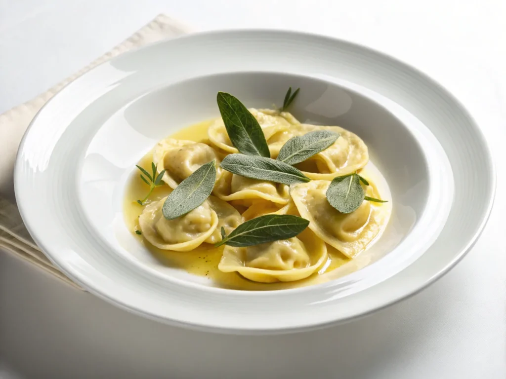 Pasta with butter and sage on a simple white plate.