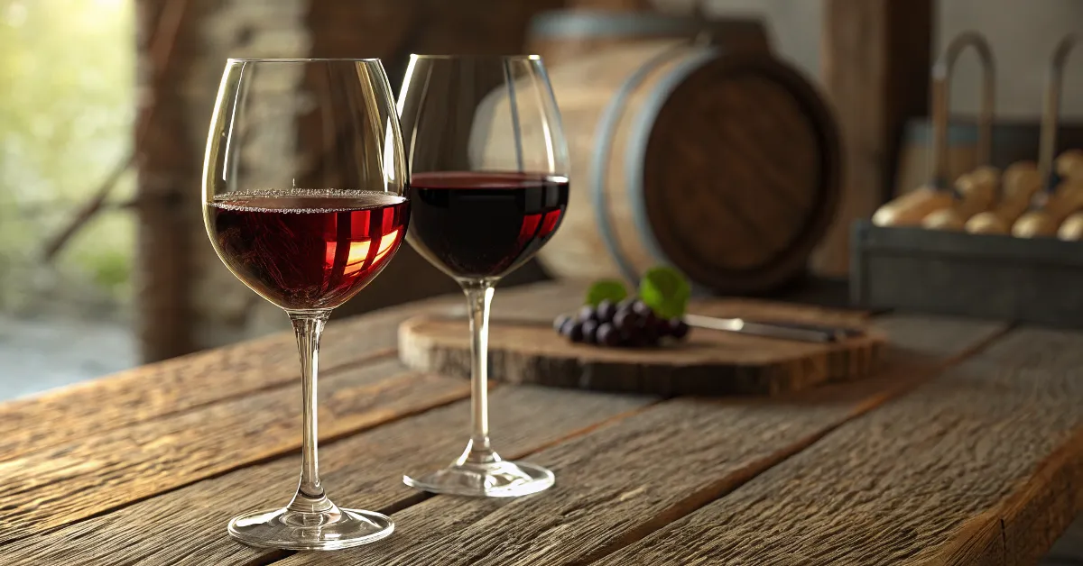 A close-up of two wine glasses, one with Cabernet Sauvignon and the other with Merlot, highlighting their rich red tones.