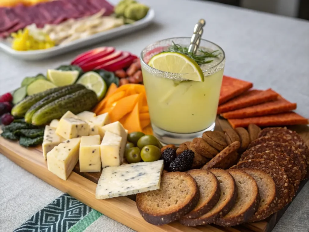 A charcuterie board with a cocktail surrounded by cheeses and pickles.