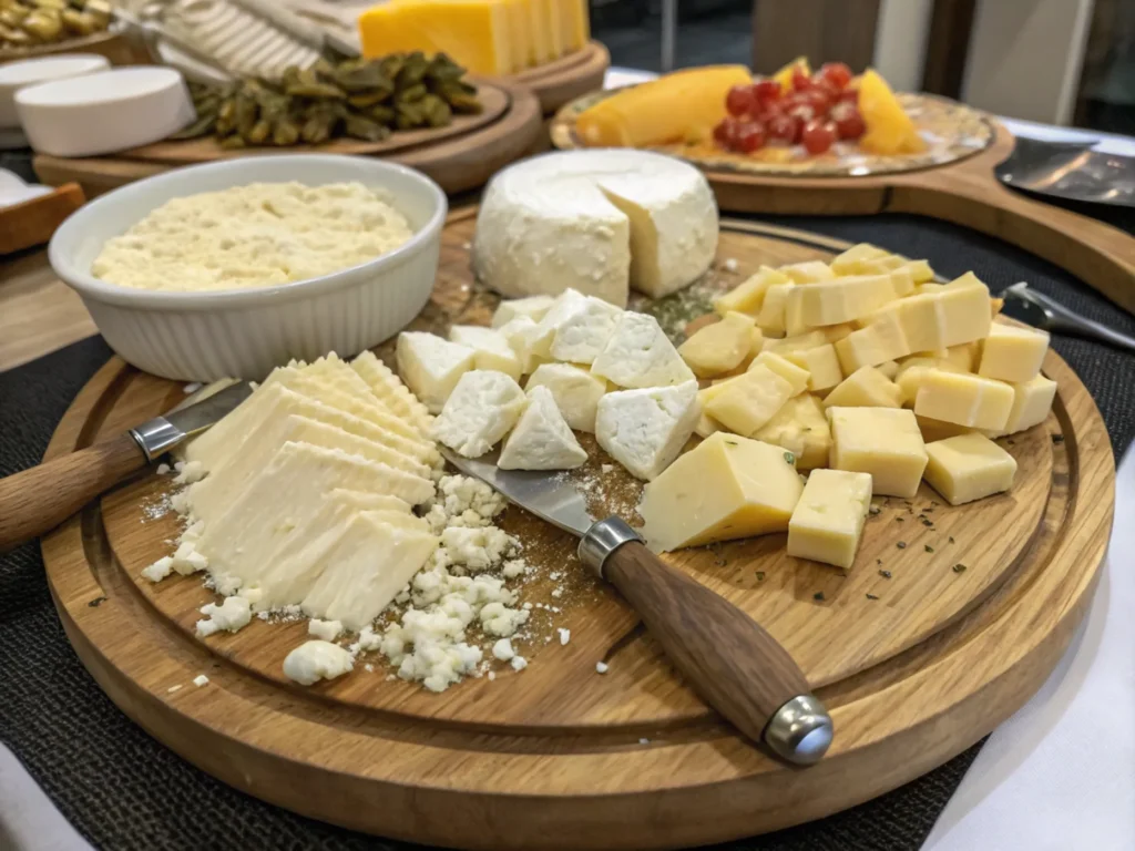 Ricotta, mozzarella, and Parmesan arranged on a wooden platter.