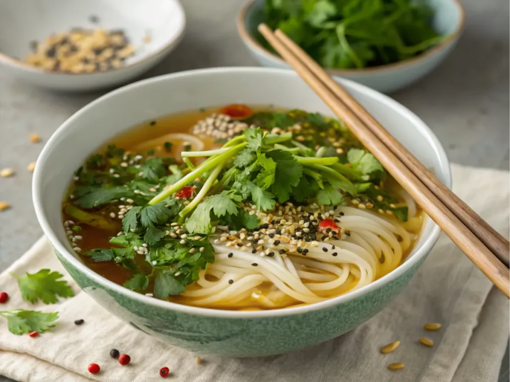 A bowl of noodles in broth with fresh herbs, sesame seeds, and chopsticks.