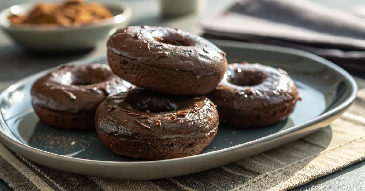 Chocolate protein donuts on a ceramic plate with vibrant lighting.