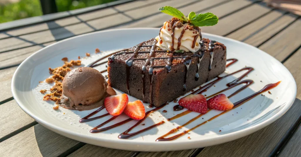 A close-up of chocolate sourdough cake with ganache drizzle on a white plate.