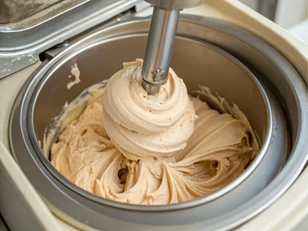 A mixture being churned in a machine, highlighting its smooth and consistent texture.