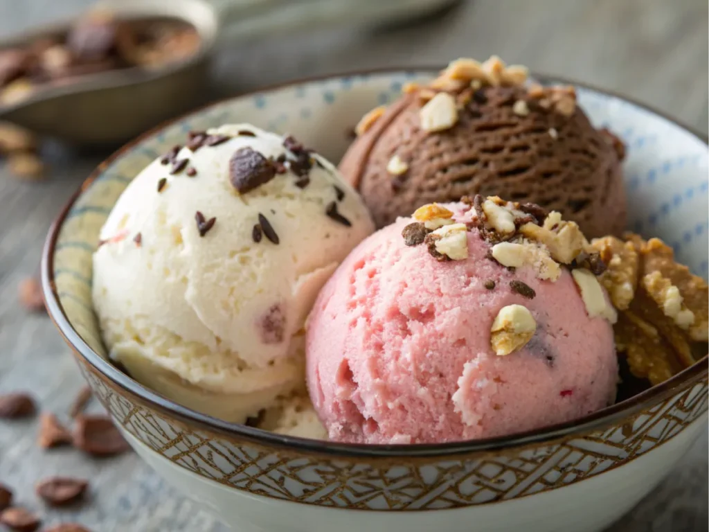 A bowl of German ice cream in hazelnut, stracciatella, and raspberry flavors. Title: Classic German Ice Cream Flavors