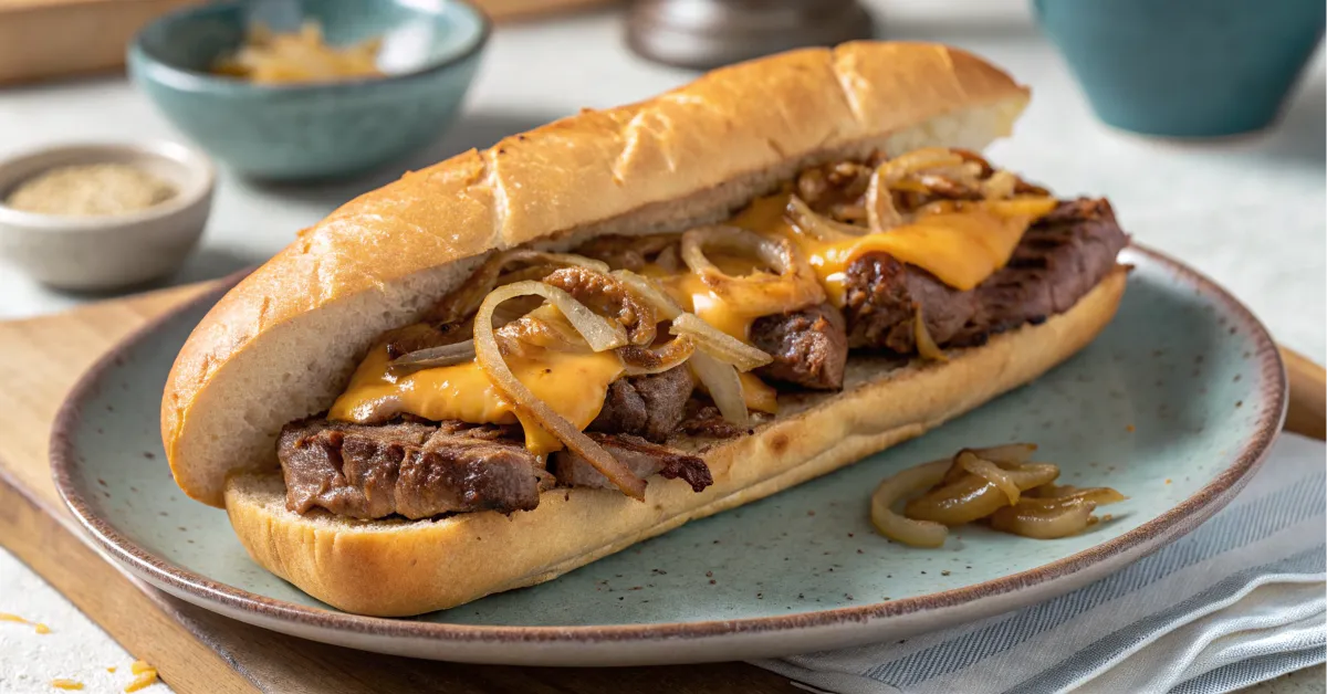 Philly cheesesteak with marinara sauce and melted mozzarella cheese.