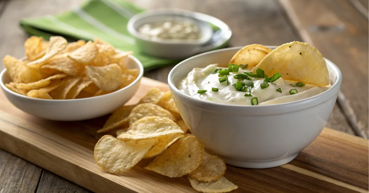 A bowl of sour cream and onion chips with a side of dip on a wooden table.