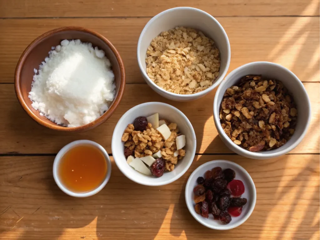 Ingredients commonly used in granola, such as honey, maple syrup, and coconut sugar.