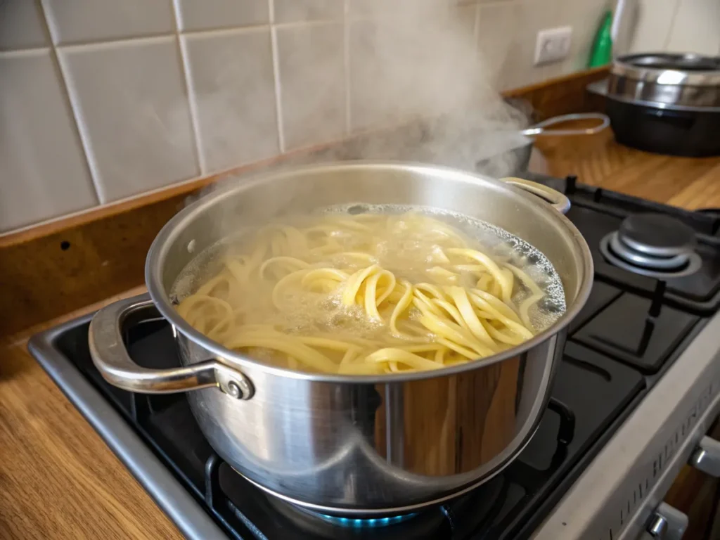 Gluten-free egg noodles boiling in a pot of water.