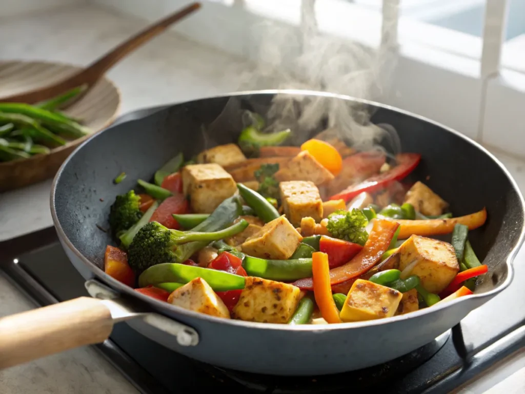 Stir-frying tofu and vegetables in a skillet for keto japchae.