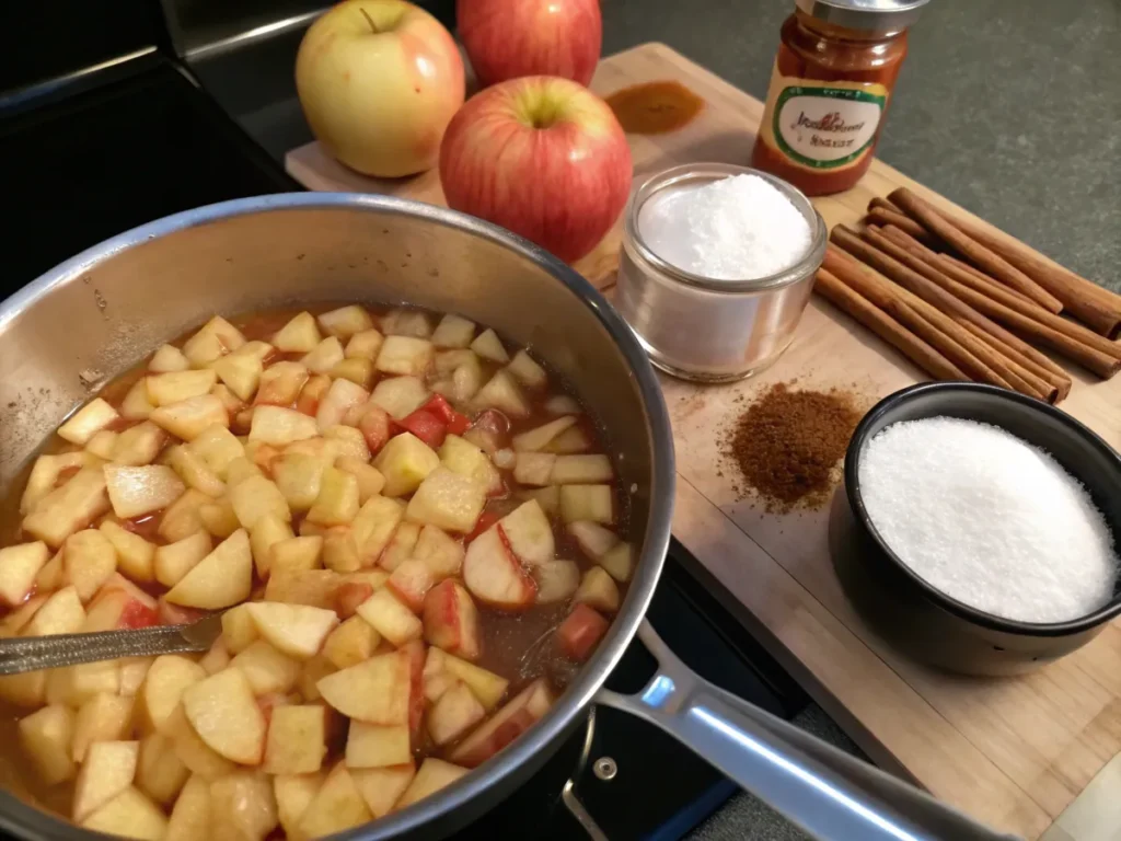 Diced apples cooking in a pan with cinnamon and sugar.