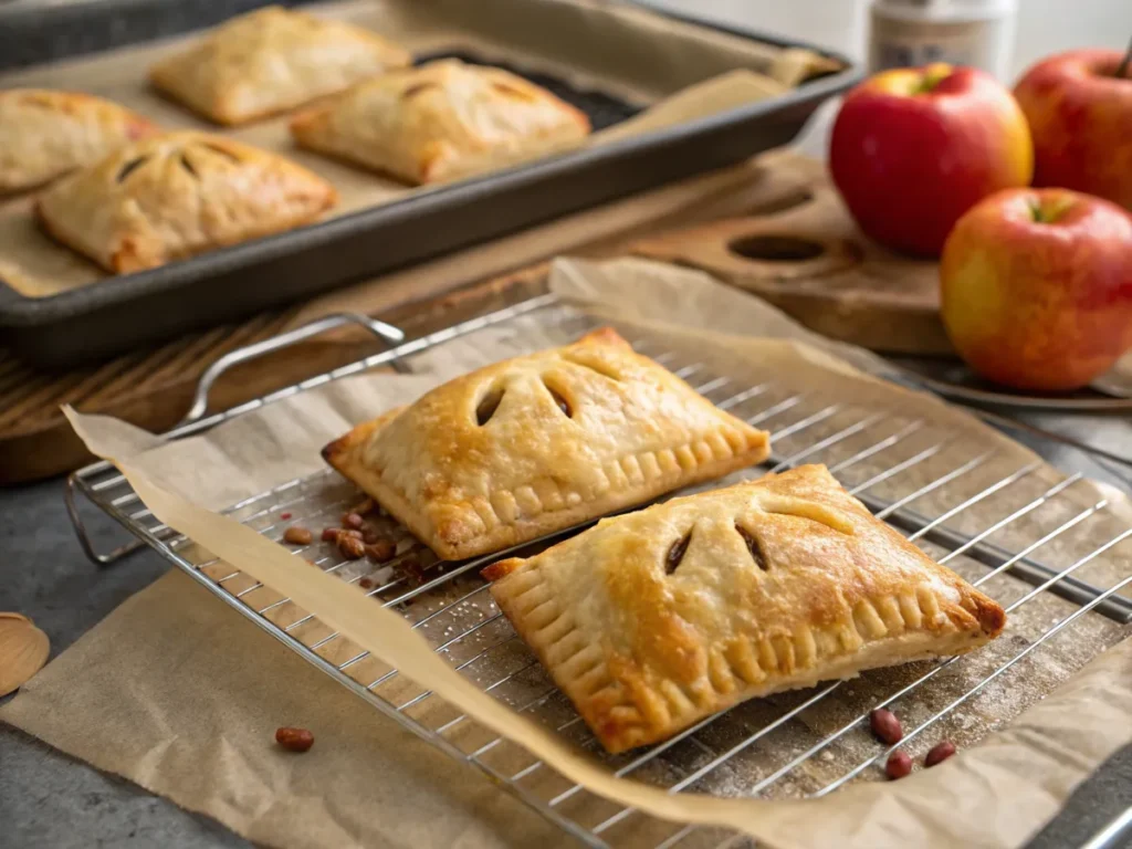 Golden apple turnovers cooling on a wire rack to maintain crispness.