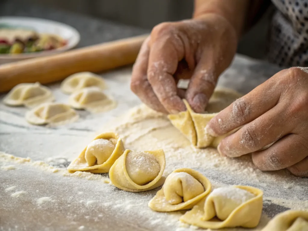 Hands shaping pasta on a floured surface.