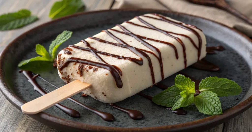 A chocolate keto ice cream bar drizzled with sugar-free chocolate syrup and garnished with mint.