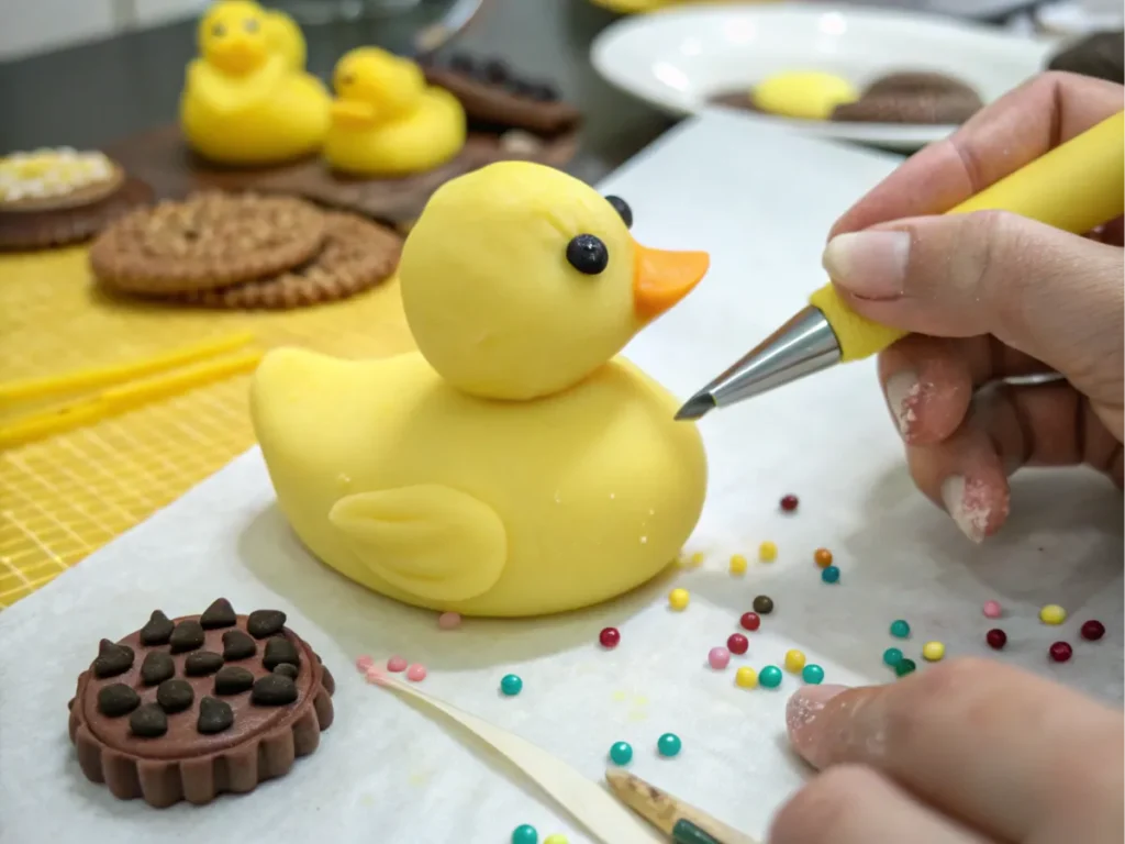 Shaping yellow fondant into a duck for cupcake decoration.