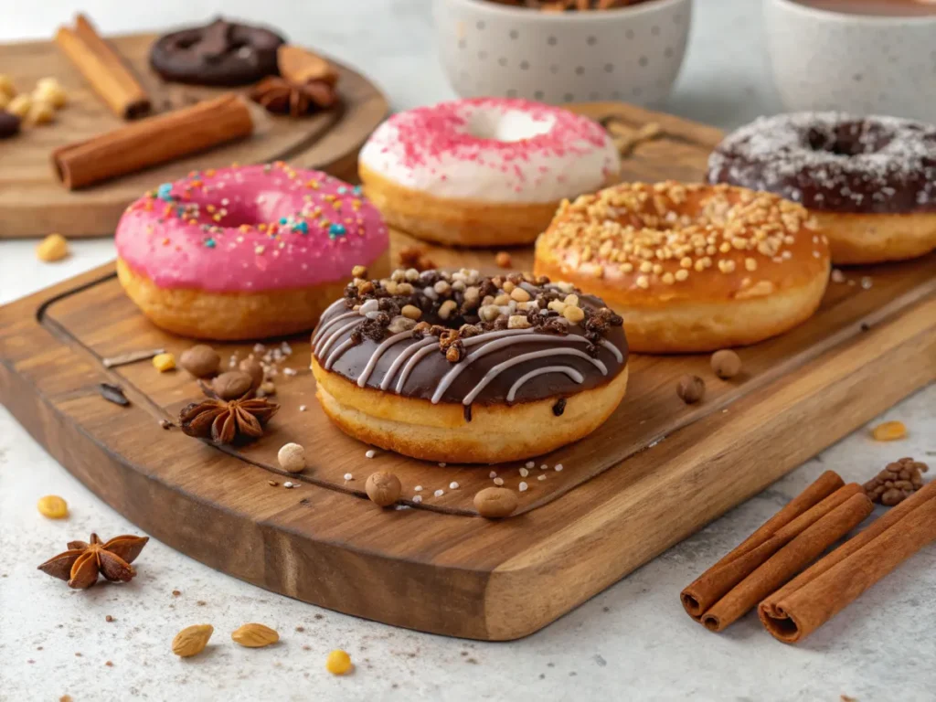 An assortment of doughnuts with chocolate drizzle, crushed nuts, and cinnamon sugar.