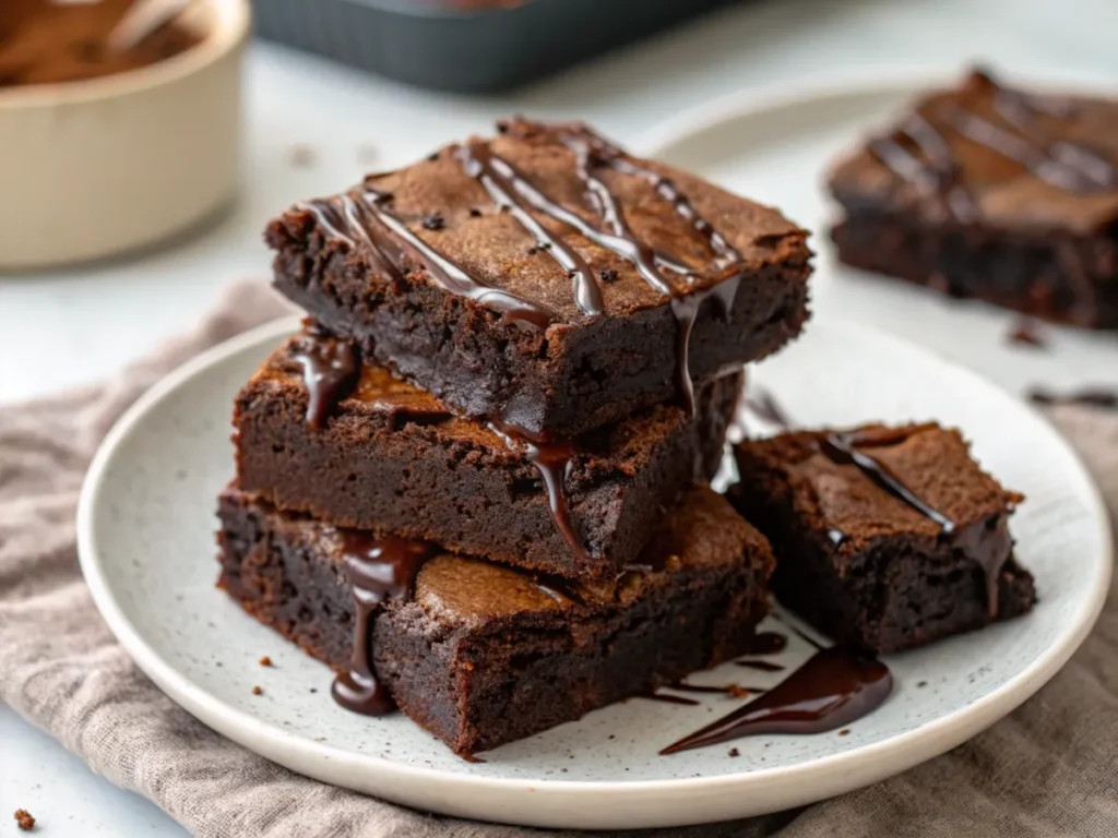 A plate of sourdough brownies with melted chocolate drizzle and one piece showing a moist interior.