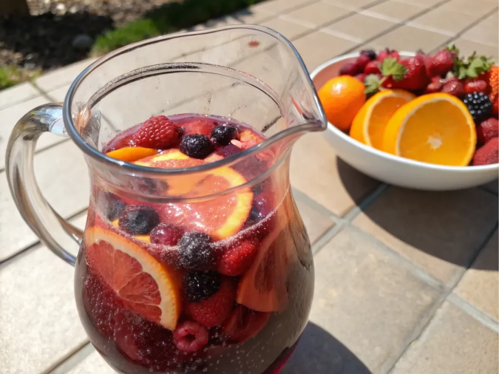 A glass of sparkling Lambrusco sangria with fresh berries and orange slices on a patio.