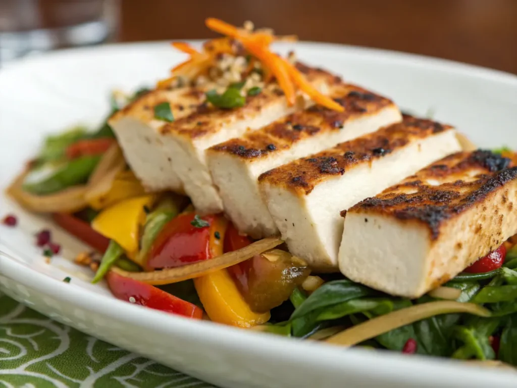 Golden-crispy tofu slices paired with sautéed vegetables.