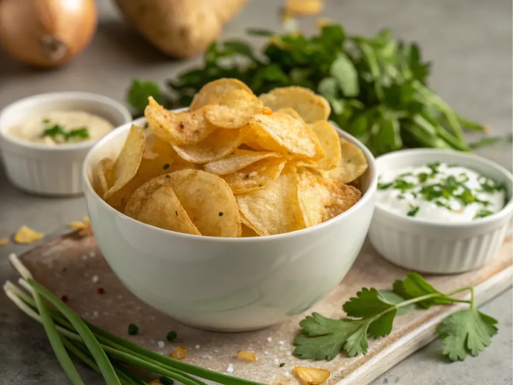 A close-up of thin potato slices on a baking tray, coated evenly with sour cream and onion seasoning, prepared for baking.