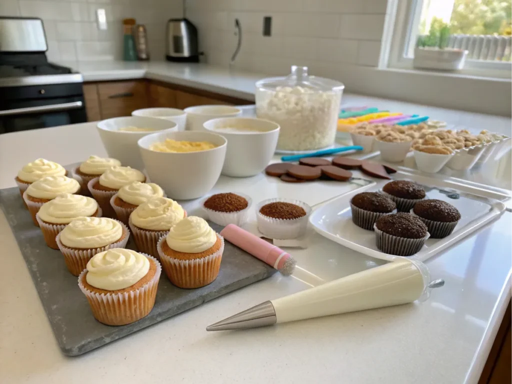 Baking ingredients for icing baseball cupcakes displayed on a kitchen counter.