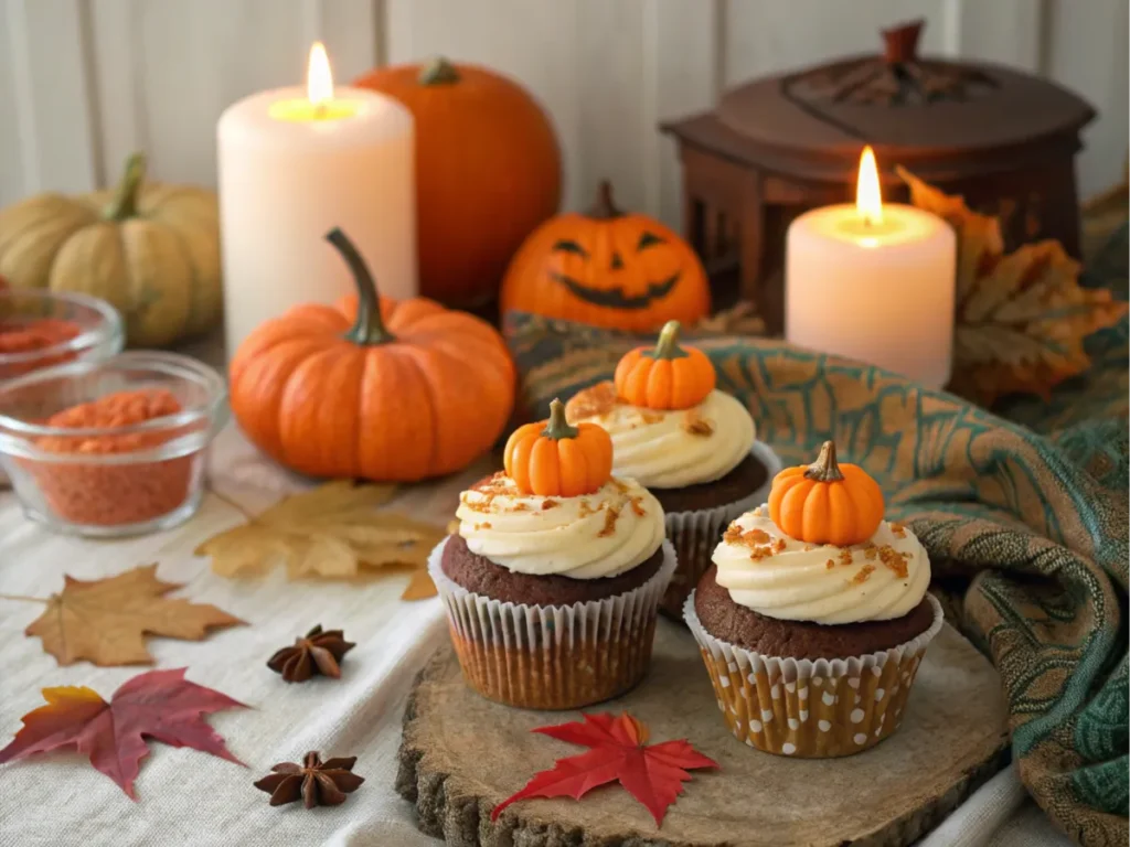 Fall-themed treats surrounded by candles and seasonal decor.