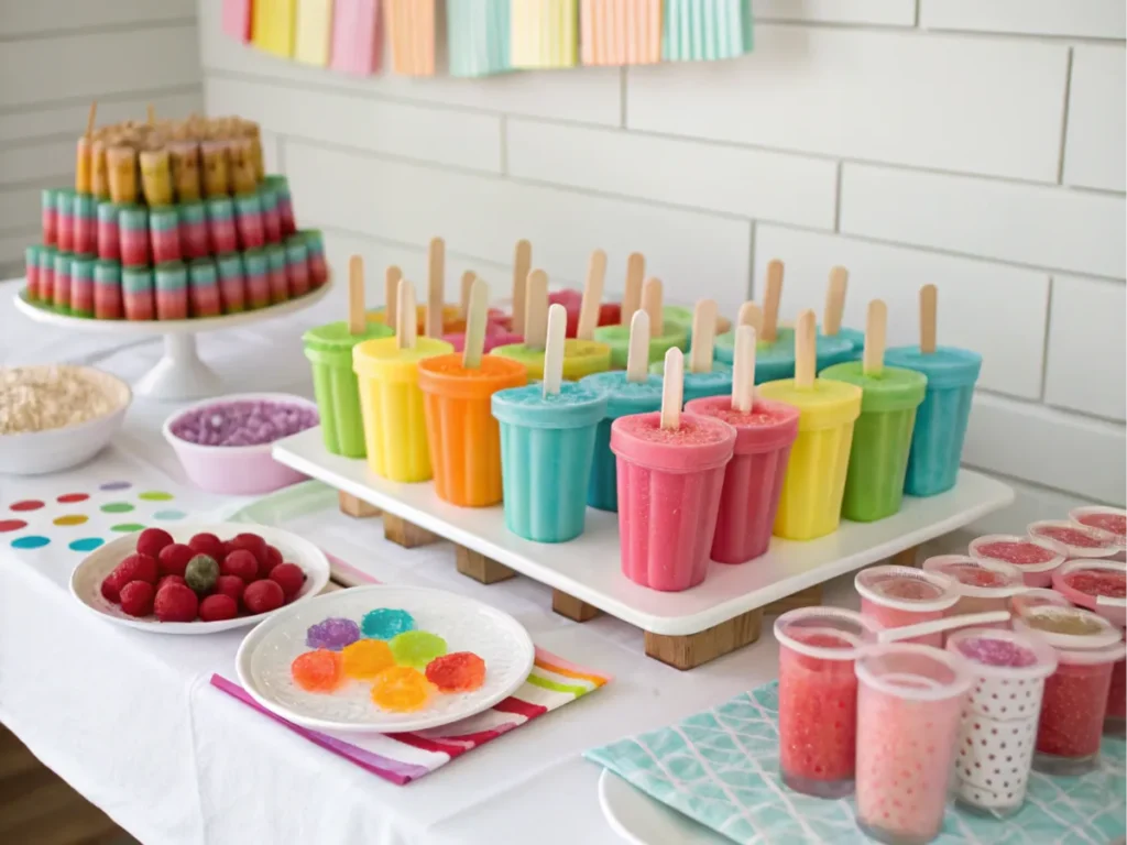 A festive table with customized frozen desserts featuring rainbow layers and sprinkles.