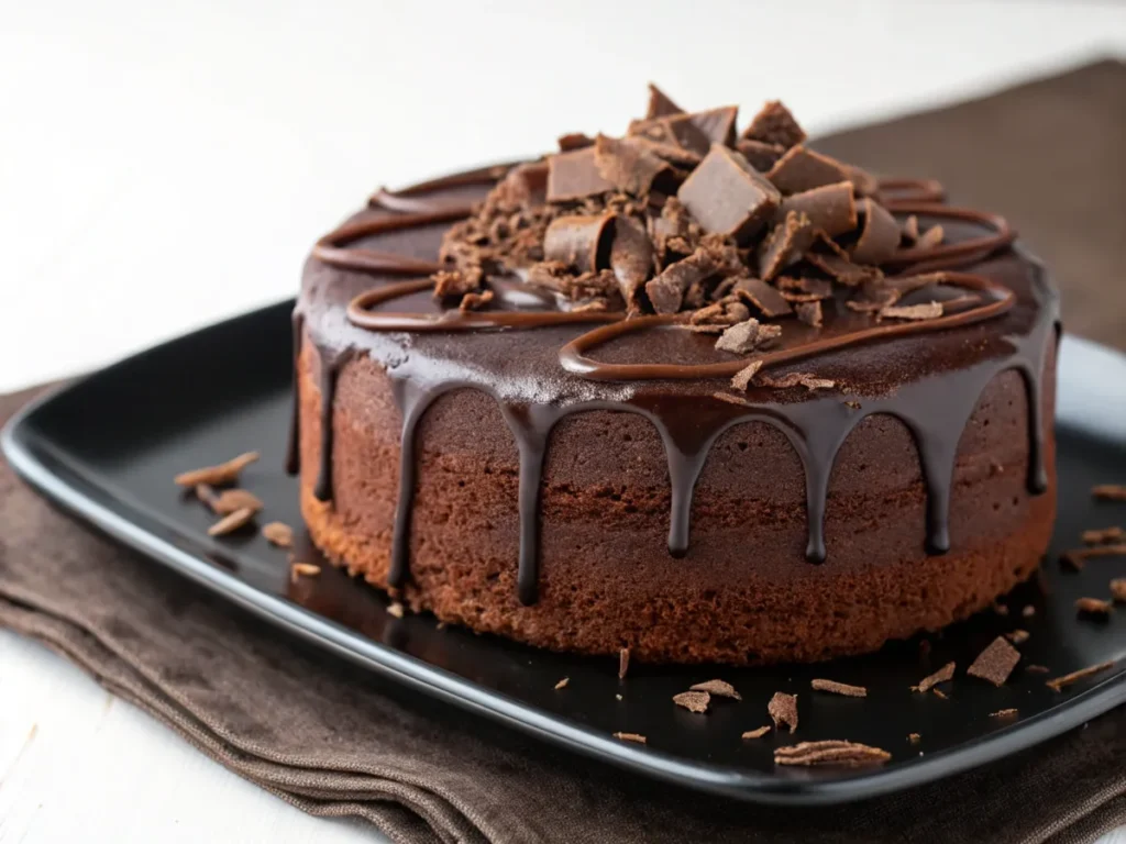 A chocolate dessert with ganache and shavings on a black plate.