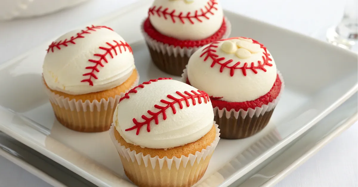 A close-up of baseball-themed cupcakes with precise icing details.