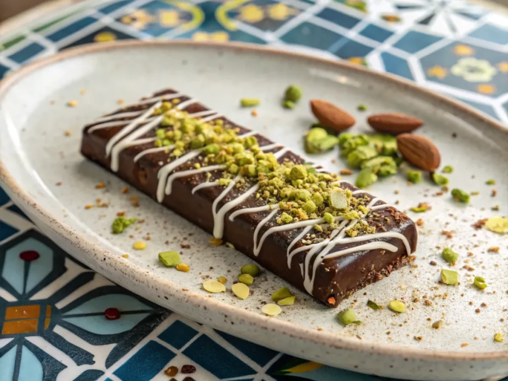 Dessert drizzled with white topping and crushed nuts on a ceramic plate.