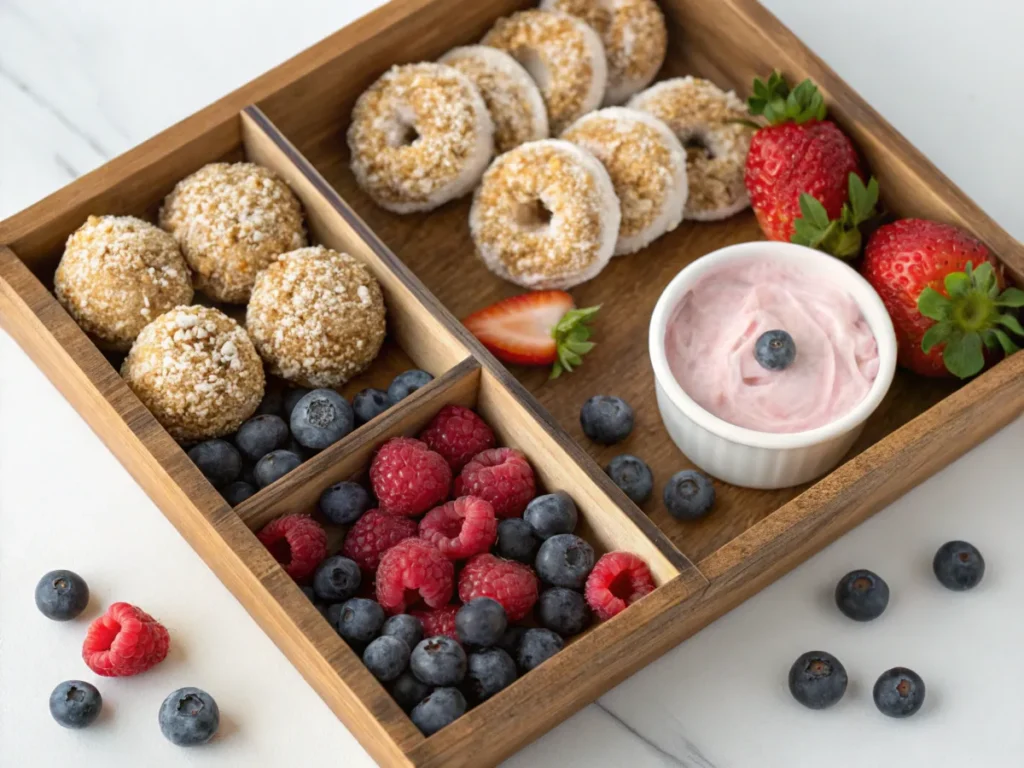 A tray of energy balls, oatmeal rings, and frozen yogurt bites with fresh berries.