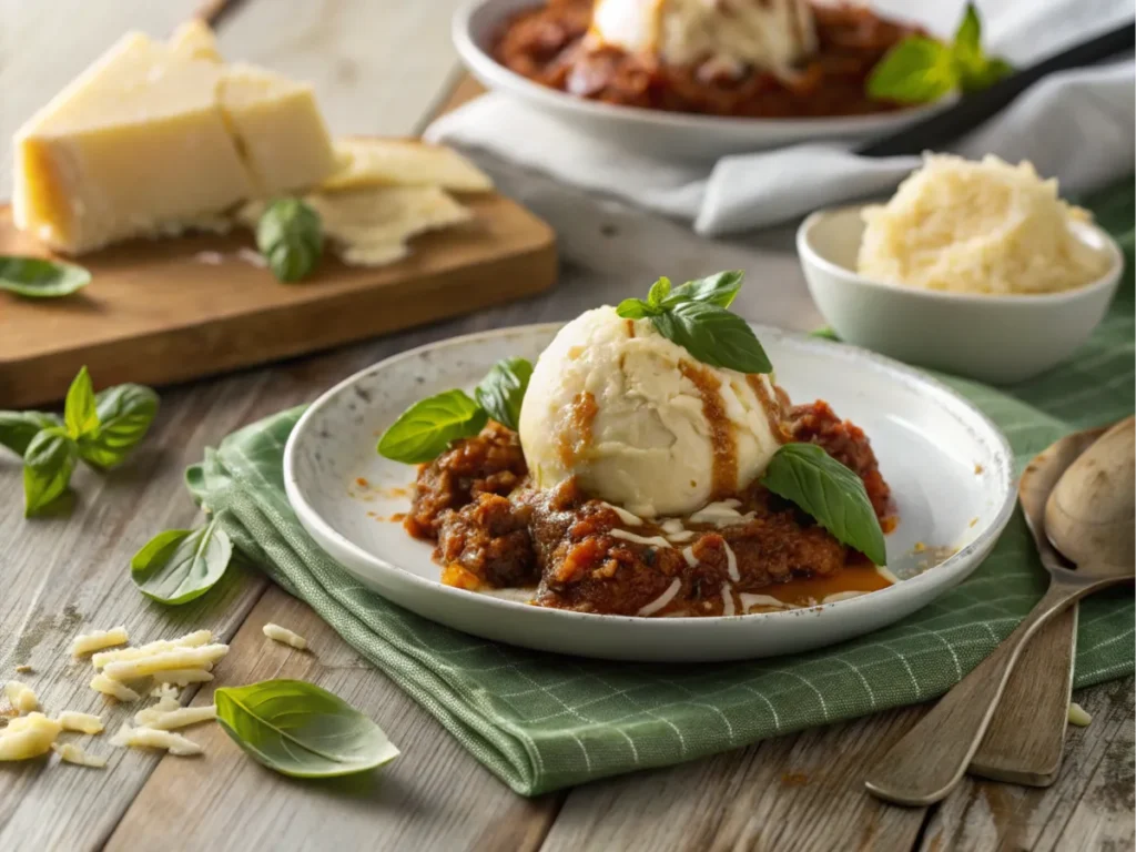 Bolognese ice cream served with Parmesan and basil.