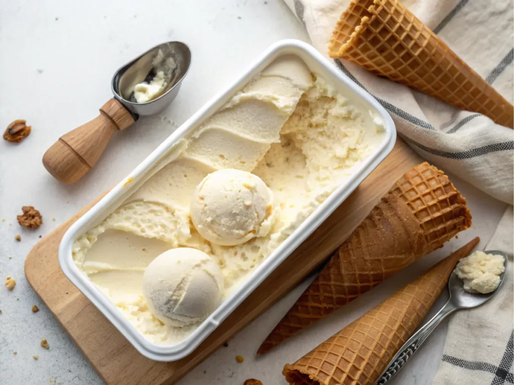 A tub surrounded by scoops and a wooden serving tool.