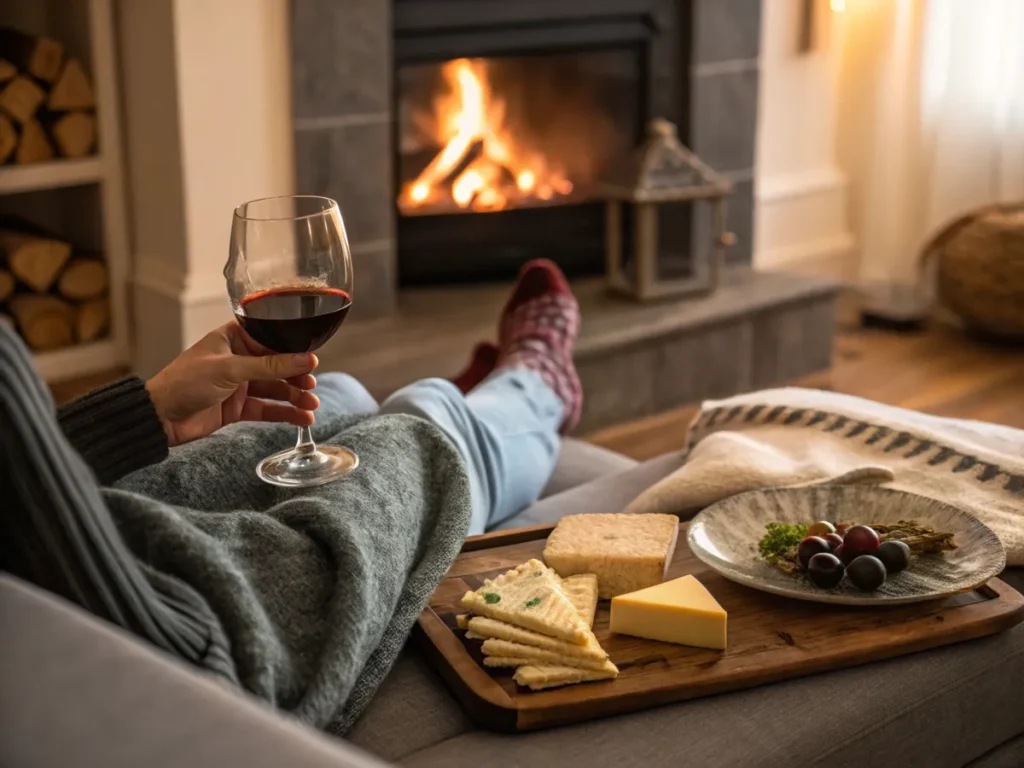 Person holding a glass of Merlot with a cheese platter and a fireplace in the background.