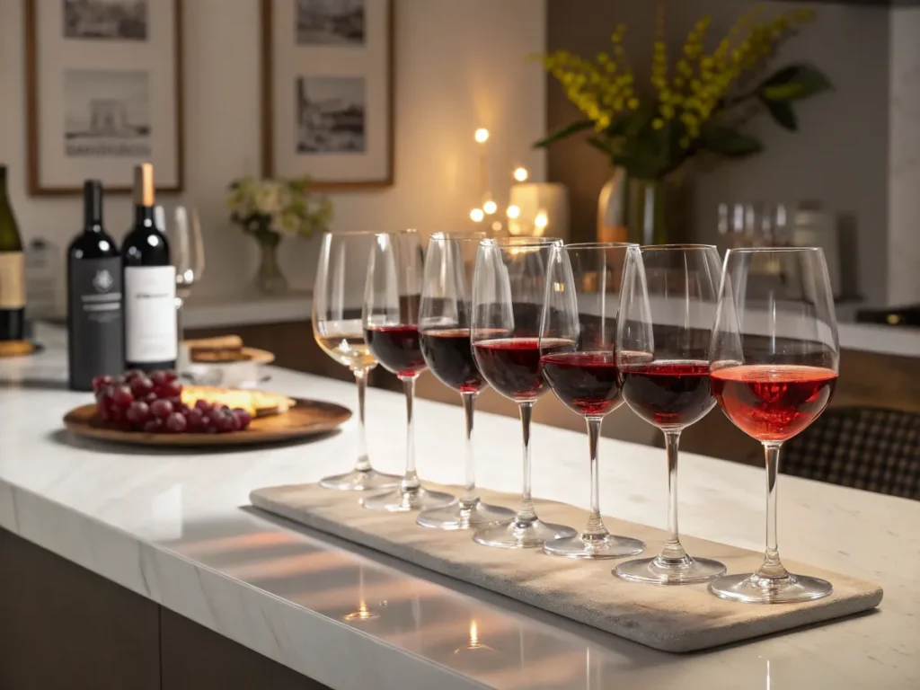 Multiple wine glasses filled with red blends, illustrating the variety and balance of Cabernet and Merlot.