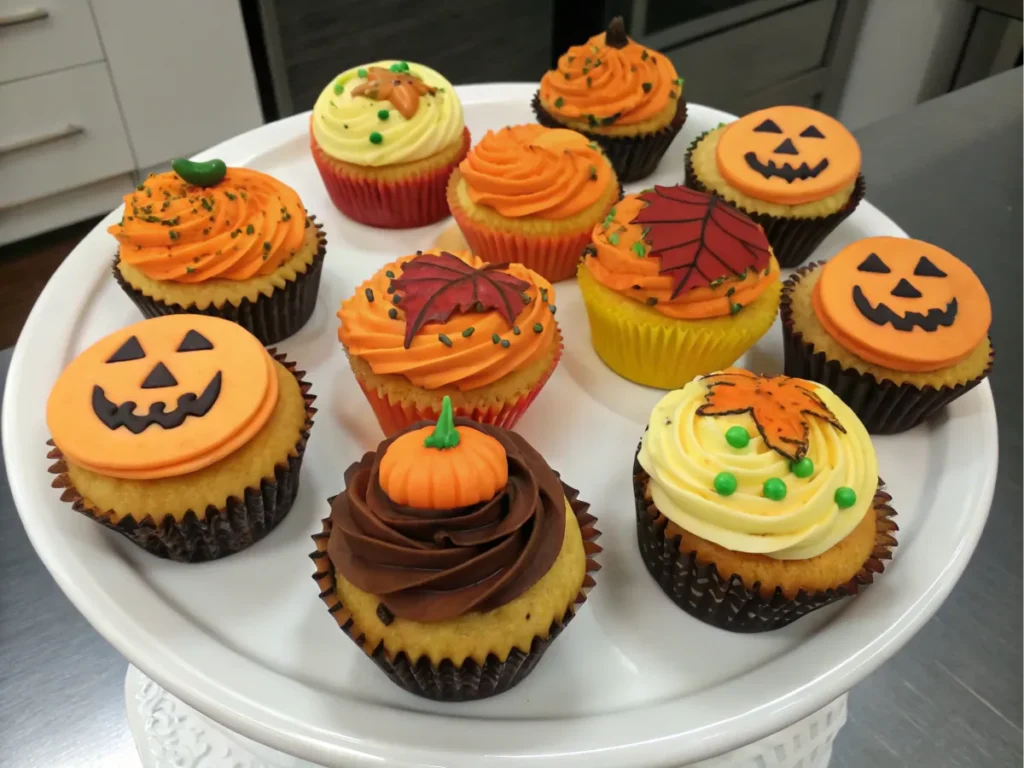 A platter of pumpkin-themed decorated cupcakes.