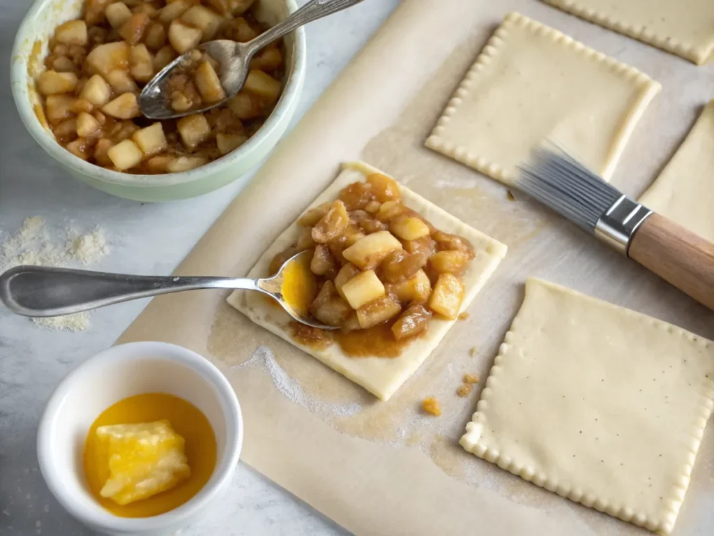 Assembling apple turnovers with filling and sealing edges with a fork.