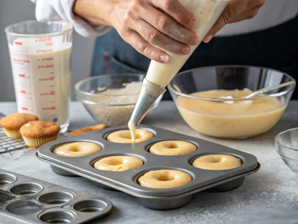 A close-up of a person using a piping bag to fill a doughnut pan with batter.